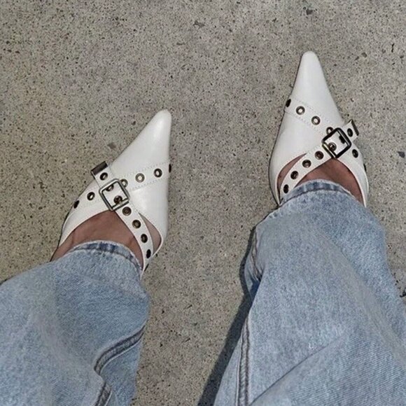 White Elegant Women's Pointed Toe Mules Pumps - Picture 6 of 10